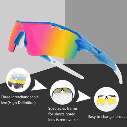 Polarized Sports Sunglasses with 5 Interchangeable Lenses,Mens Womens Cycling Glasses, Running