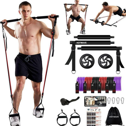 HOTWAVE Pilates Barbell Set with 4 Resistance Bands for Legs, Buttocks, Waist, Arms, Squats, Pilates Fitness Equipment for Home Workouts, Adjustable Length, Suitable for Men Women Yoga Training