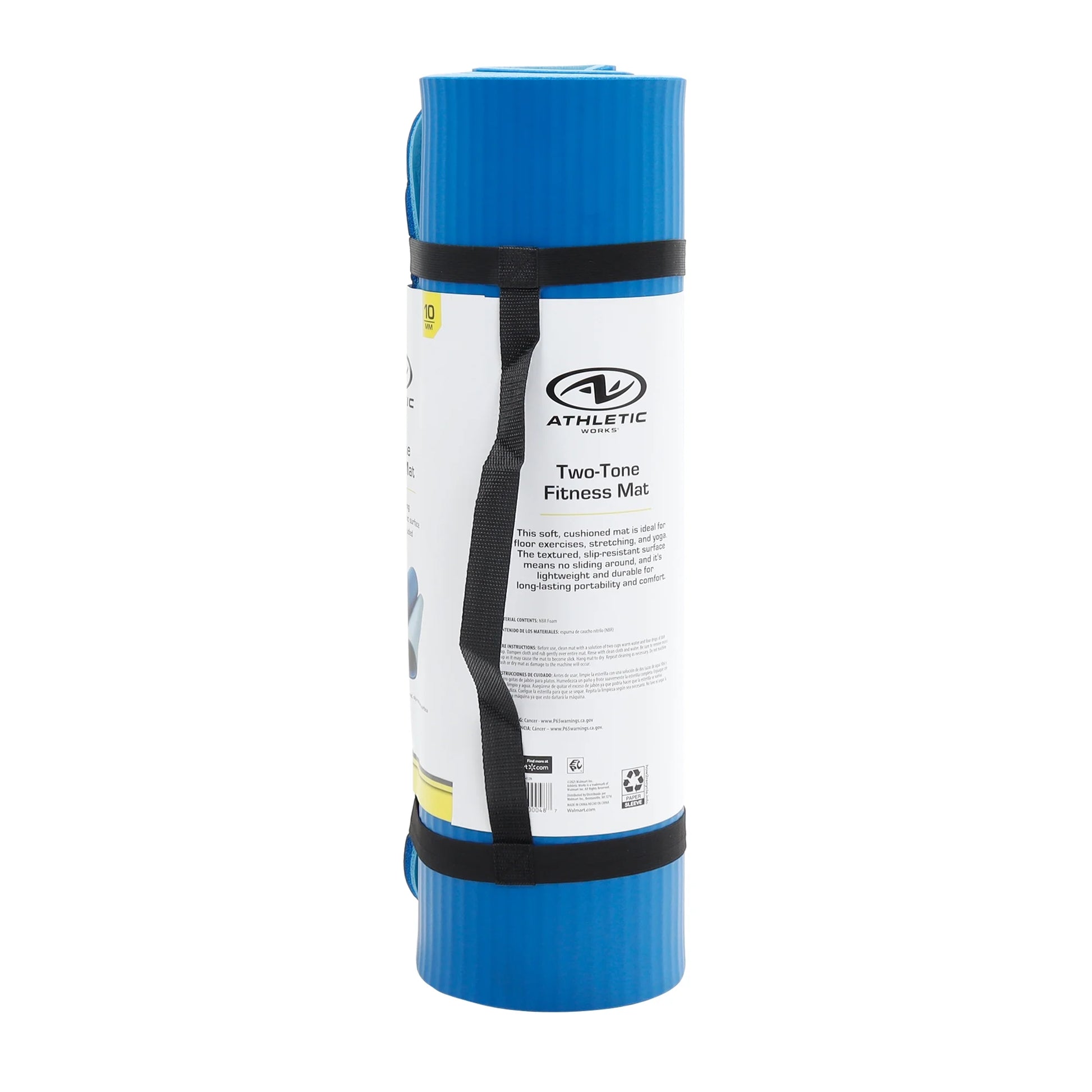 Two Tone Fitness Mat, 10Mm, 72Inx24In, Blue Color, NBR Foam, with Carry Strap