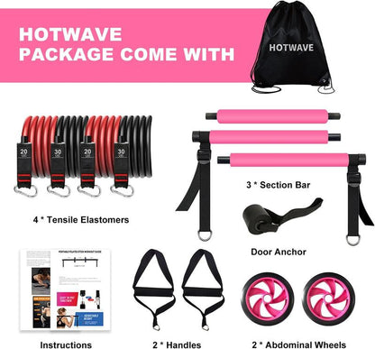 HOTWAVE Pilates Barbell Set with 4 Resistance Bands for Legs, Buttocks, Waist, Arms, Squats, Pilates Fitness Equipment for Home Workouts, Adjustable Length, Suitable for Men Women Yoga Training