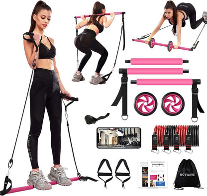 HOTWAVE Pilates Barbell Set with 4 Resistance Bands for Legs, Buttocks, Waist, Arms, Squats, Pilates Fitness Equipment for Home Workouts, Adjustable Length, Suitable for Men Women Yoga Training