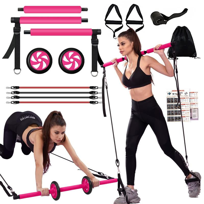 HOTWAVE Pilates Barbell Set with 4 Resistance Bands for Legs, Buttocks, Waist, Arms, Squats, Pilates Fitness Equipment for Home Workouts, Adjustable Length, Suitable for Men Women Yoga Training