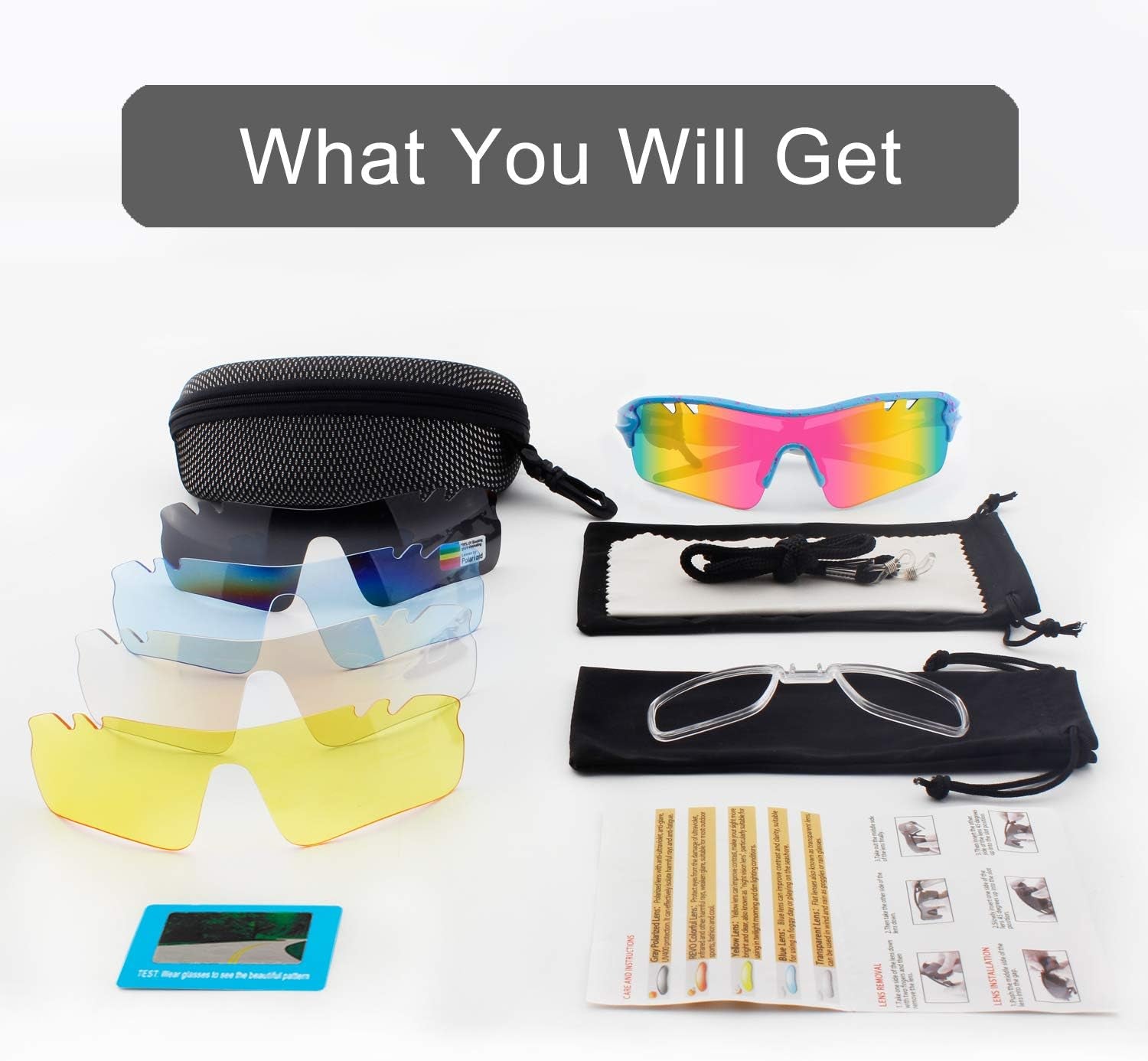 Polarized Sports Sunglasses with 5 Interchangeable Lenses,Mens Womens Cycling Glasses, Running