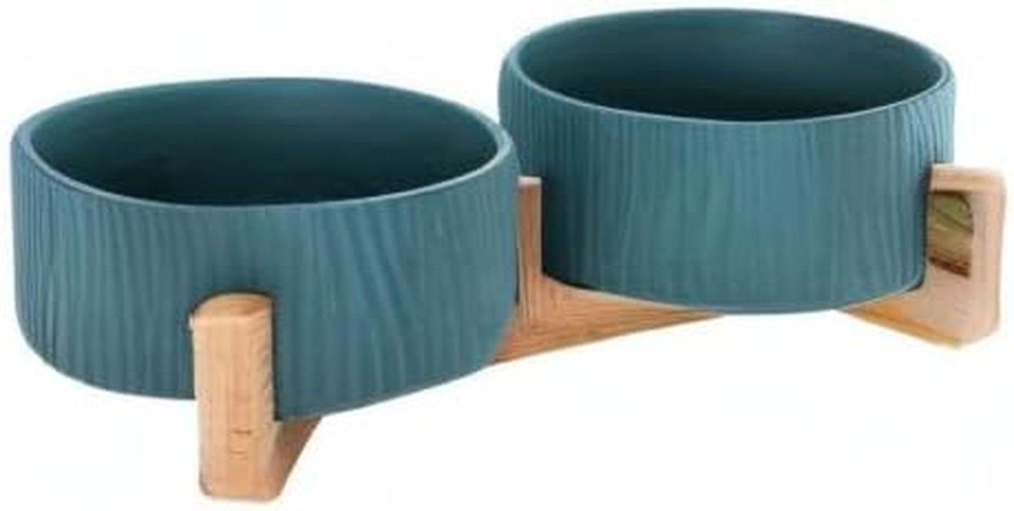 Green Pet Bowls for Dogs and Cats, Ceramic, Bamboo Stand, Dishwasher Safe and Easy to Clean (2 Bowls)