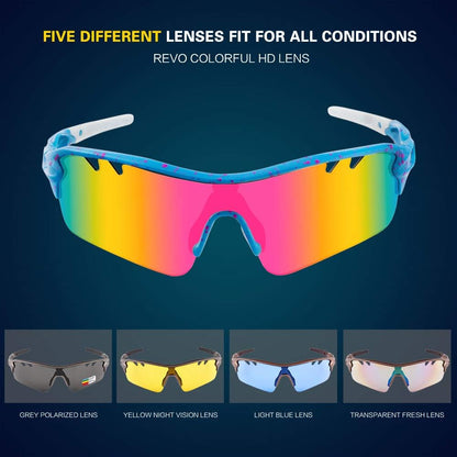 Polarized Sports Sunglasses with 5 Interchangeable Lenses,Mens Womens Cycling Glasses, Running
